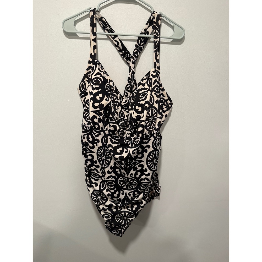 Lands End Womens 24W One Piece Swimsuit Black White Damask Cross Back Plus Size
